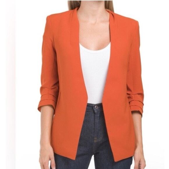Rachel Zoe Size M Orange Stretch Open Front Blazer Jacket with Ruched Sleeves - Picture 1 of 12